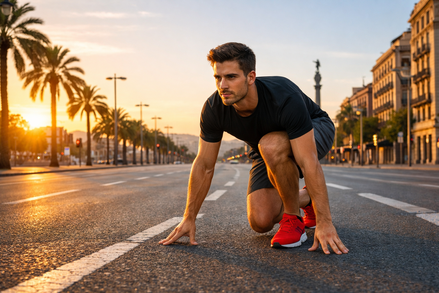 Hombre empezando a correr al amanecer en una calle española